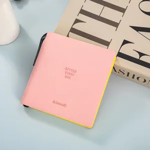 Portable mini square pocket notebook with pen, cute pink student vocabulary memo pad.