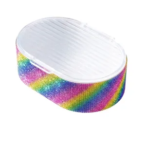 Rainbow rhinestone decorated soap box with transparent dustproof lid for bathroom
