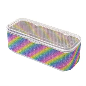 Sparkling rainbow rhinestone makeup brush storage box with clear dustproof lid for desk