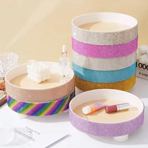 Round Rhinestone Makeup Organizer Tray Light Luxury Skincare Storage Box Wood Grain Base Decorative Vanity Tray For Women