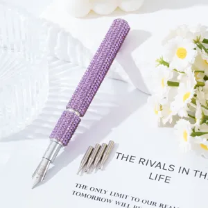 Purple rhinestone fountain pen for nail art with five interchangeable metal tips