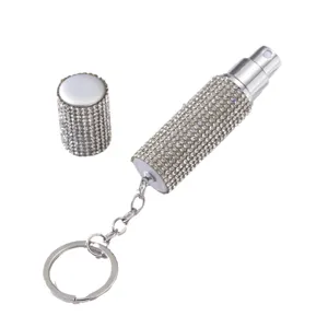 Portable sparkling rhinestone perfume refill spray bottle with silver keychain ring