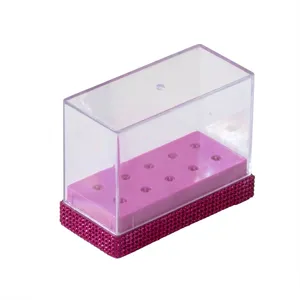 Nagelbohrer-Aufbewahrungsbox mit 10 Löchern, rosa Strasssteinen und klarem Deckel