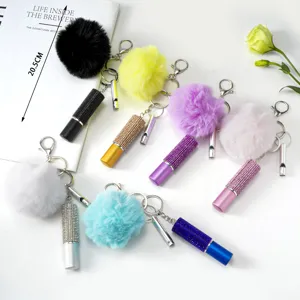 Lot de porte-clés flacon pulvérisateur à strass multicolores avec pompons et sifflets