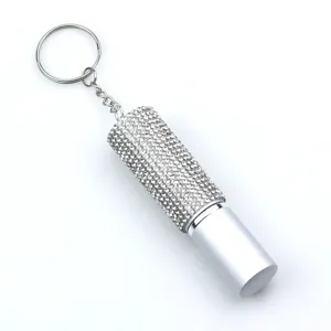 Close-up of a 5ml silver rhinestone-encrusted portable perfume spray bottle with keychain