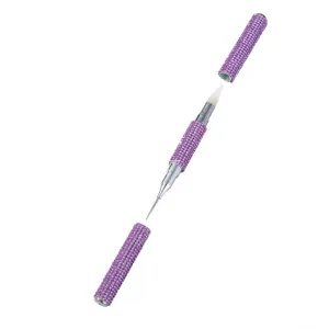Professional dual-ended rhinestone nail art tool with dotting tip and liner brush in purple