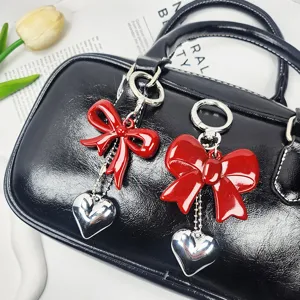Red Bow Heart Keychain Acrylic Alloy Bag Pendant Silver Heart Charm Accessories For Women Dongdaemun Style Fashion Jewelry