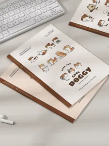 Detalle de cuadernos B5 con lindas ilustraciones de perros y lomo marrón de estilo minimalista