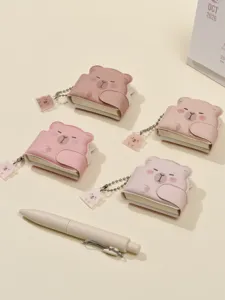 Cute mini pink bear pendant notebook keychain set, lovely cartoon backpack charm for women.