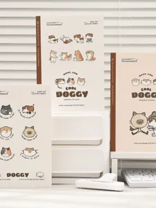 Vista detallada de una linda ilustración de un cachorro en un cuaderno de estilo estético