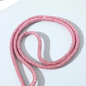 Close-up of pink 6-row rhinestone phone lanyard chain showing sparkling crystal detail