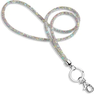 Detailed view of a sparkling six-row rhinestone neck lanyard with a polished silver clasp.