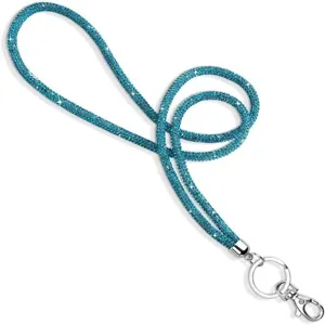 Detail view of blue rhinestone lanyard with sparkling 6-row crystal design and silver clasp.