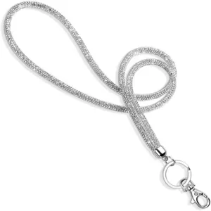 Detailed macro view of 6-row crystal rhinestone lanyard strap with silver metal clasp