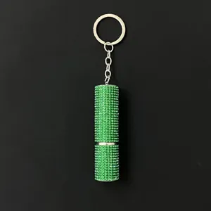 Green rhinestone 5ml perfume atomizer keychain for women, sparkly portable refillable bottle.