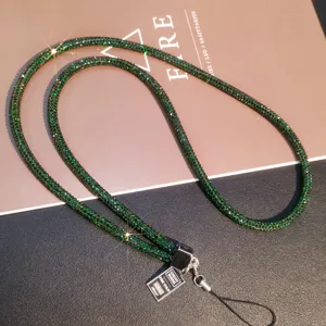Luxury full rhinestone long phone lanyard strap in emerald green with metal charm