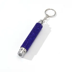 Mini LED flashlight keychain with blue rhinestone decoration for outdoor emergency use