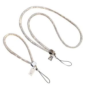 Luxury rhinestone-studded phone lanyard set featuring both wrist and neck straps