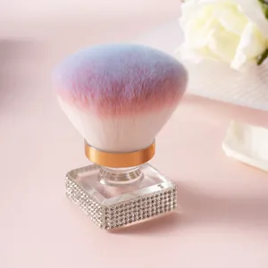 Gros plan sur les poils dégradés et la base en strass d'un pinceau à poussière.