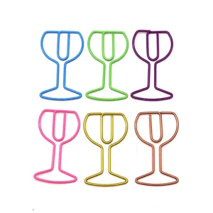 Creative wine glass shaped metal paper clips in colorful designs for office stationery.
