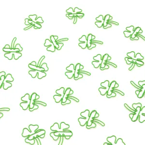 Cute green four-leaf clover paper clips, creative metal bookmarks for office and school.