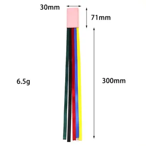 Leather ribbon bookmark detail, multi-colored silk ribbons with clear size specs.