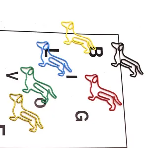 Metal dachshund paper clips in assorted colors, cute animal shaped stationery for office and school.