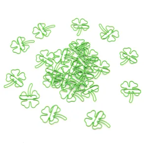 Green clover paper clips, cute metal bookmarks for office and school supplies, bulk pack.