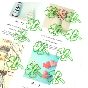 Green four-leaf clover paper clips, cute metal bookmarks for school and office use.