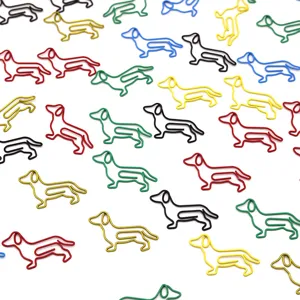 Colorful dachshund shaped metal paper clips, cute animal bookmarks for office and school.