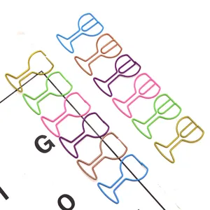 Creative wine glass shaped metal paper clips, colorful stationery clips for office use.