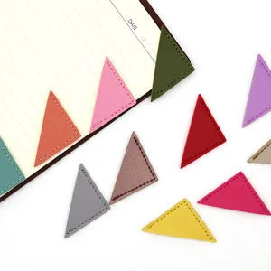 Colorful PU leather triangular page markers detail view, creative stationery corner bookmark.