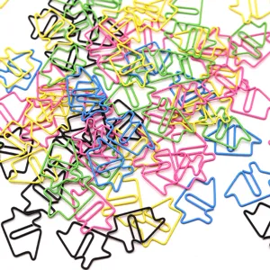 Close-up detail shot of colorful metal house-shaped paper clips bulk pack office supplies.