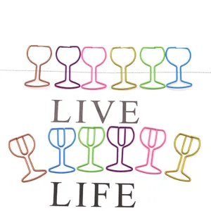 Colorful wine glass shaped metal paperclips, creative stationery clips for office docs.
