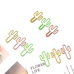 Lot de trombones en métal en forme de cactus, marque-pages colorés pour bureau et école.