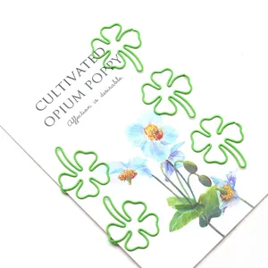 Cute green four-leaf clover metal paper clips bookmark for office school stationery supplies.