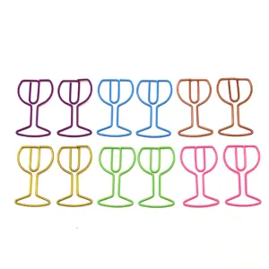 Close-up view of creative wine glass shaped metal paperclips in various bright assorted colors.