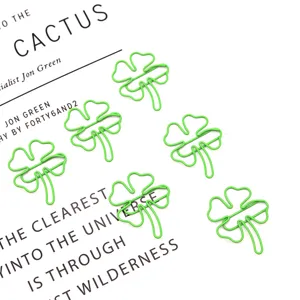 Cute green four-leaf clover paper clips metal bookmarks for office and school stationery use.
