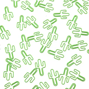 Trombones métalliques verts en forme de cactus, clips créatifs pour le classement de bureau.