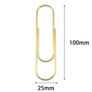 Large 100mm golden metal paperclip for office document organization and filing use.