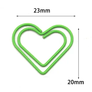 Clips de papel verdes en forma de corazón lindos clips de metal para organizar documentos de oficina.
