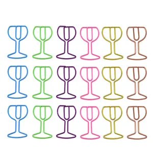 Creative wine glass shaped metal paper clips, colorful stationery office supplies set.