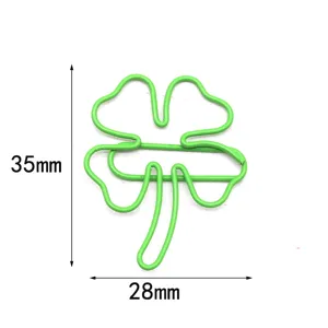 Cute green four-leaf clover metal paper clip, creative bookmark and office stationery supply.
