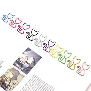 Close-up of colorful cat-shaped metal paperclips on white paper, cute stationery set.