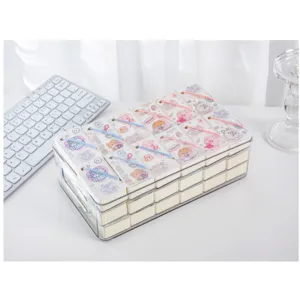 Detailed view of cute portable mini memo pads neatly organized in a clear acrylic box.
