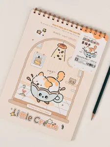 Detailed view of the cute cat illustration A4 spiral sketchbook with pencil and tag.