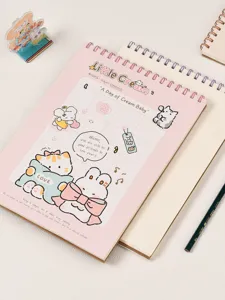 A4 spiral sketchbook with cute cat and rabbit artwork, pink aesthetic notebook for drawing.