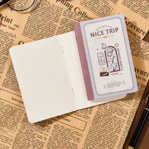 Reisenotizbuch Detailansicht, Vintage Reisetagebuch mit Stickern und Zeitungshintergrund.