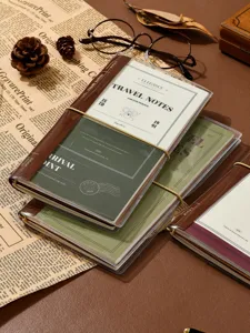 Detailansicht des Vintage Reise TN Notizbuchs mit transparentem Umschlag und Einlagen.