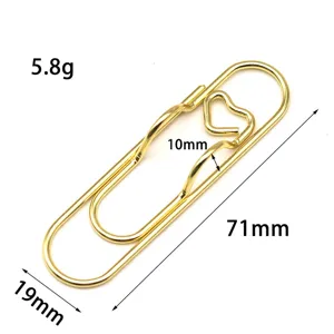 Gold metal paperclip with creative heart pen holder design, office stationery tool 71mm.
